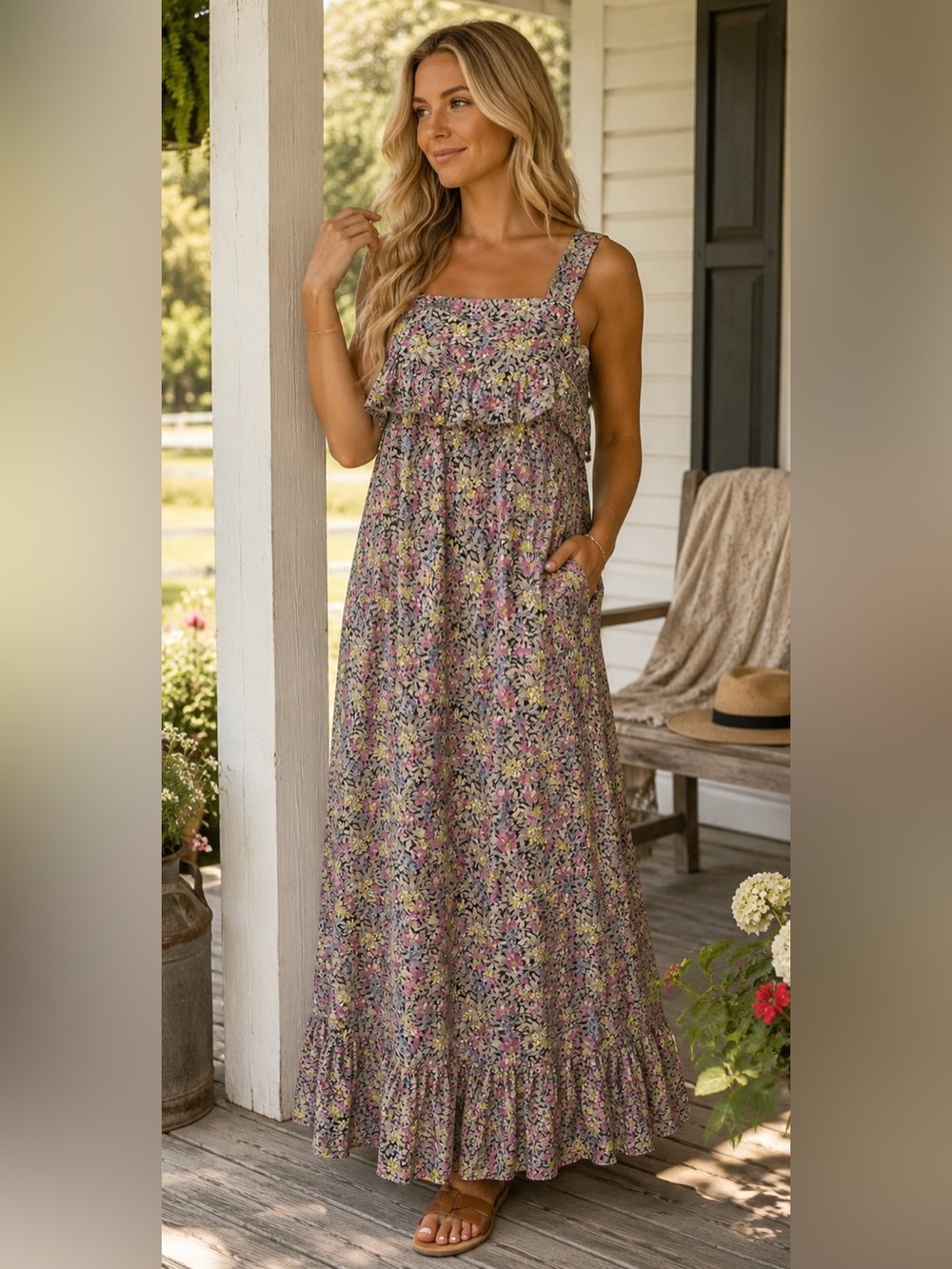 Vintage Sears Floral Maxi Dress Cottagecore Prairie Boho Ruffle Sleeveless M L